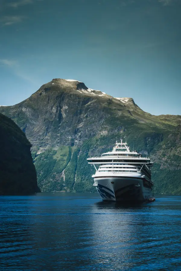 Princess Cruises ship sailing through a dramatic Norwegian fjord with steep green mountains and snow-capped peaks in the b
