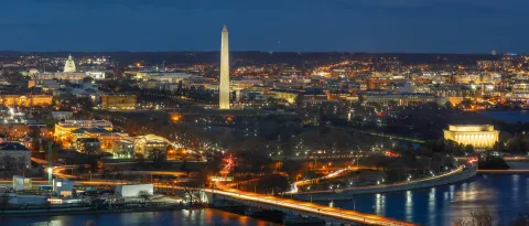 Washington DC skyline at night featuring the Washington Monument Lincoln Memorial and Capitol Building along the Potomac River