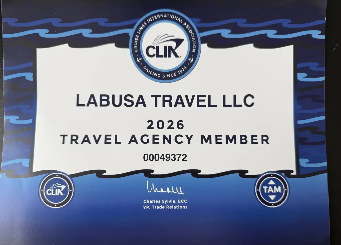LABUSA Travel LLC — CLIA 2026 Travel Agency Member certificate (member #00049372)