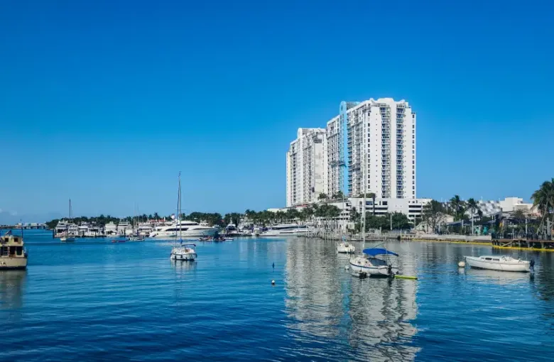 Miami Florida marina with sailboats and yachts anchored on calm blue water; luxury high-rise condominiums and palm trees i