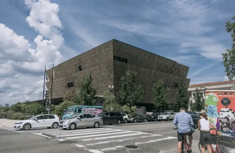 The National Museum of African American History and Culture's bronze latticed building on the Washington DC National Mall